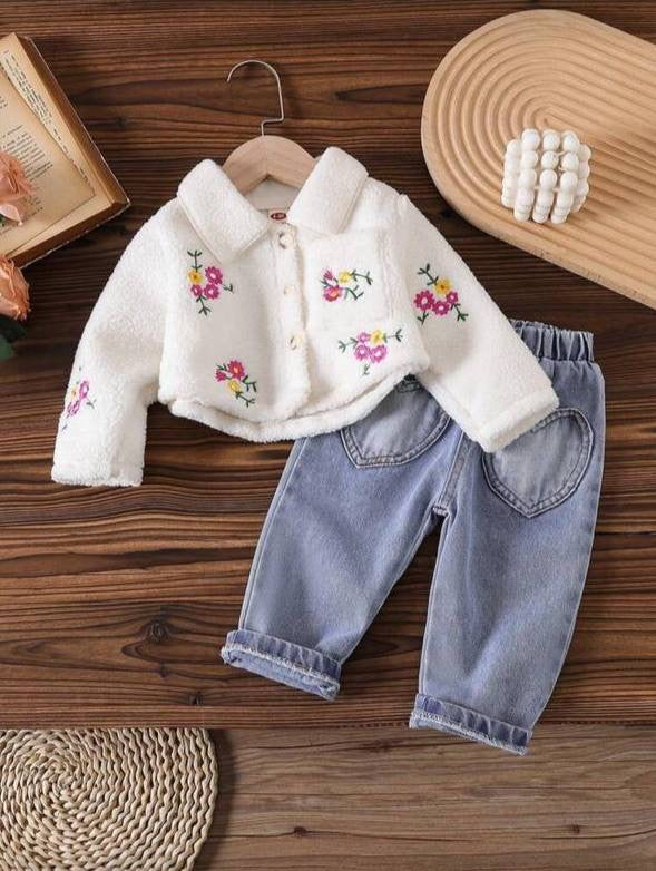 طقم قطعتين جاكيت فرو حراري ابيض + بنطلون جينز
