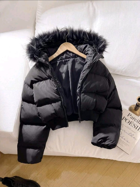 جاكيت بناتي بامب قصير بكابيشون فرو - Kenda Shop