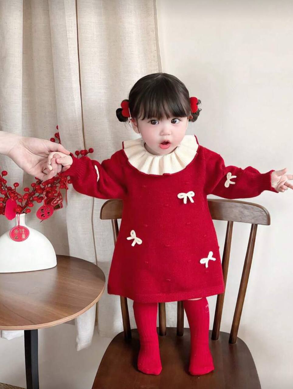 دريس احمر صوف حراري شتوي فيونكات بيضاء