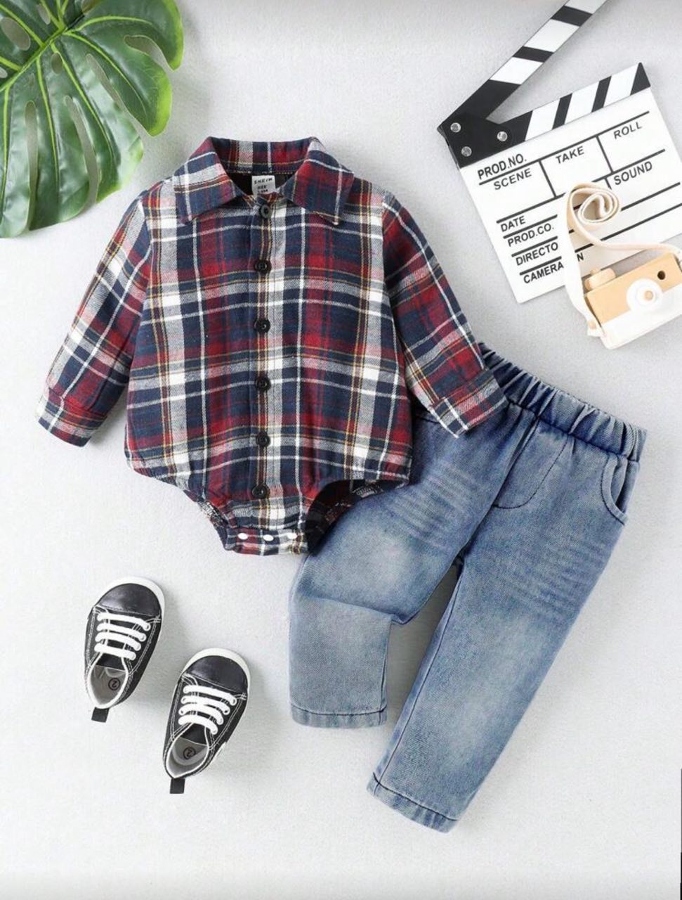 طقم أولادي قطعتين (قميص كاروهات + بنطلون جينز)