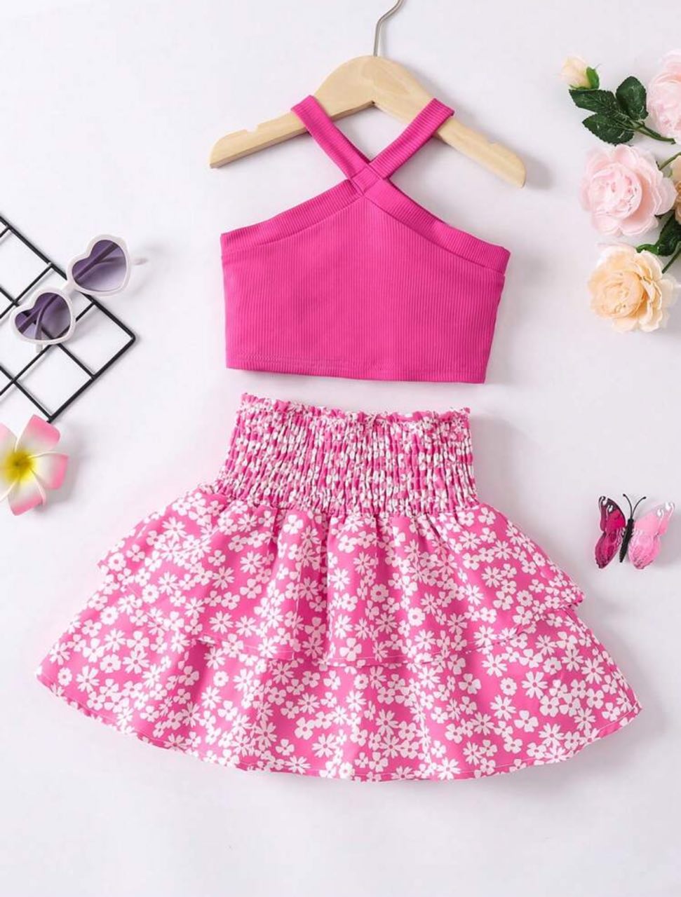 طقم بناتي قطعتين فوشيا مشجر - Kenda Shop