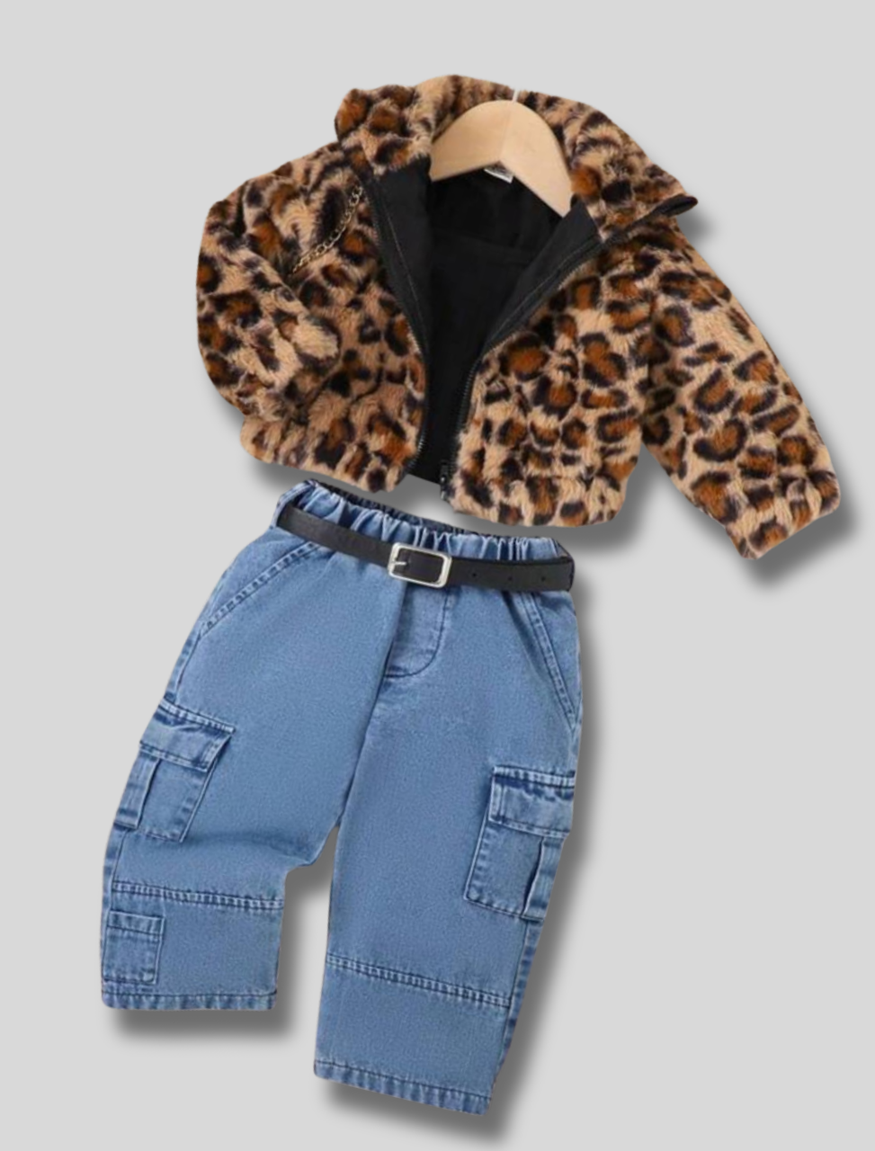 طقم جاكيت فرو حراري + بنطلون جينز وايد ليج