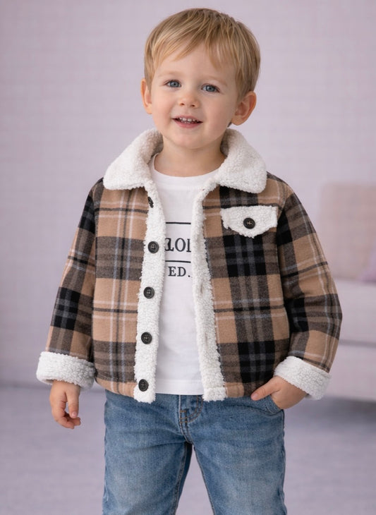 جاكيت فقط أطفال شتوي مبطن فرو حراري  – كاروهات - Kenda Shop