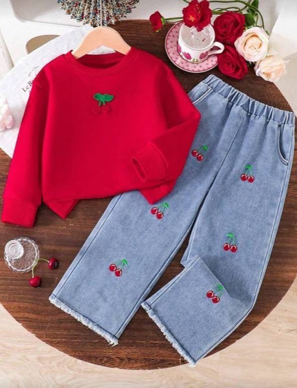 طقم قطعتين سويت شيرت ميلتون حراري  كريز وبنطلون جينز وايد بيج