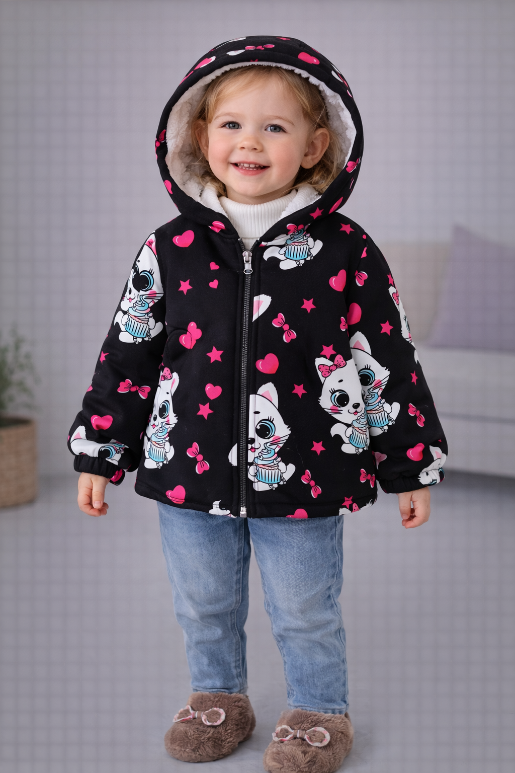 جاكيت بناتي مبطن فرو حراري عليه قطط - Kenda Shop