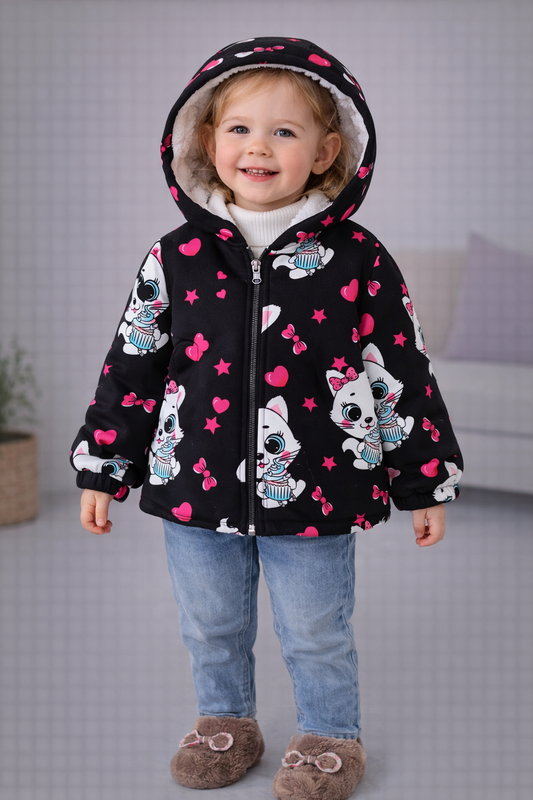 جاكيت بناتي مبطن فرو حراري عليه قطط - Kenda Shop