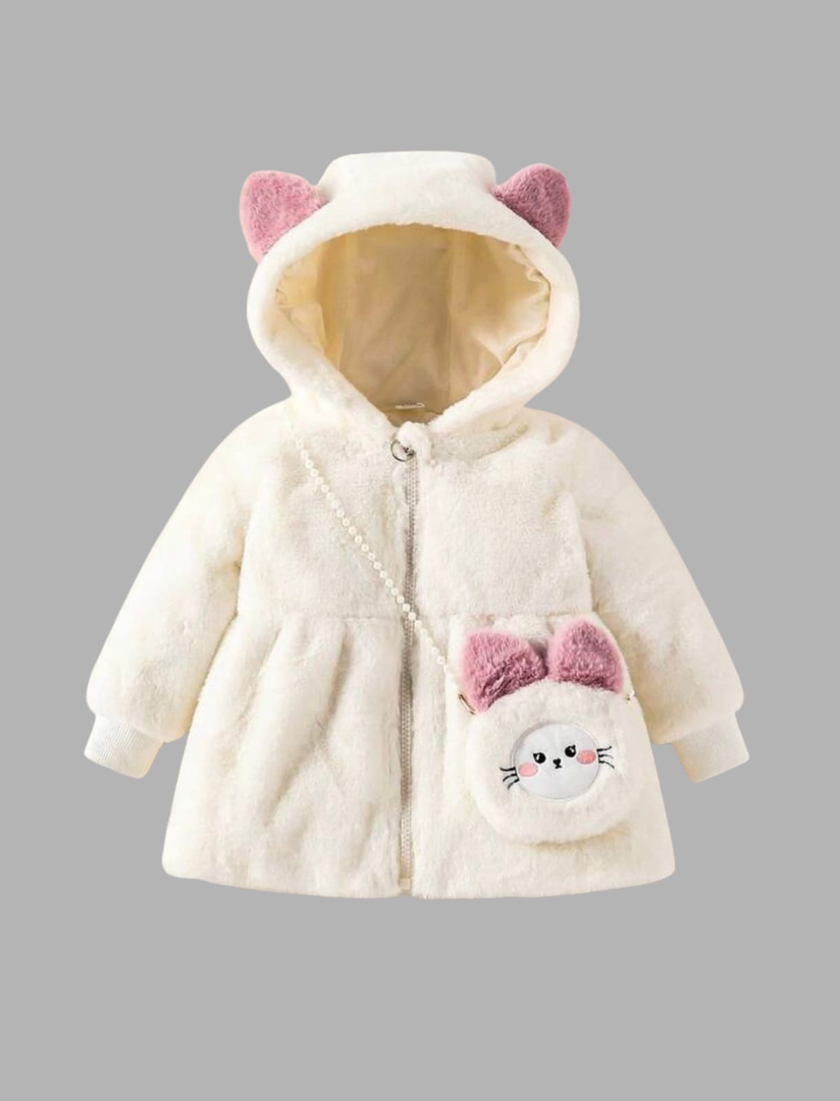 جاكيت فرو بناتي شتوي بأذنين كيوت وشنطة صغيرة