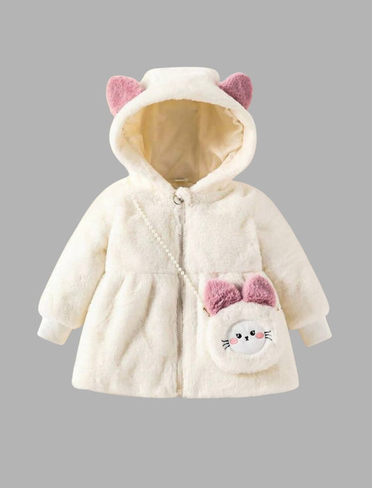 جاكيت فرو بناتي شتوي بأذنين كيوت وشنطة صغيرة