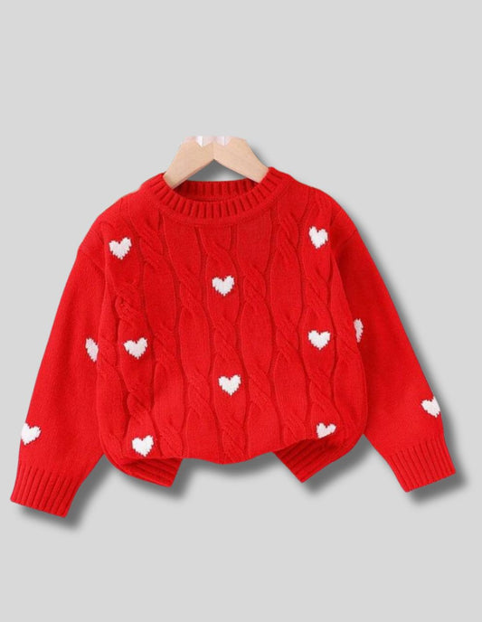 بلوفر صوف حراري احمر علية قلوب بيضاء