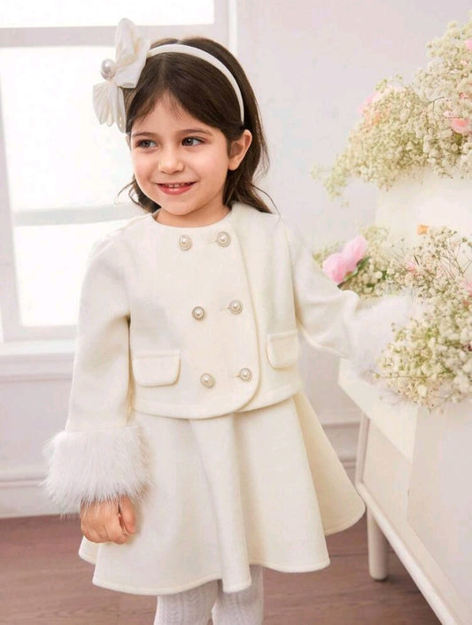 طقم بناتي جاكيت صوف منسوج بفرو وجيبة - Kenda Shop