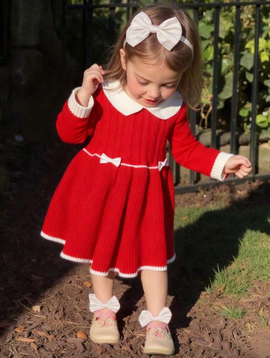 دريس صوف تريكو أحمر بفيونكات - Kenda Shop