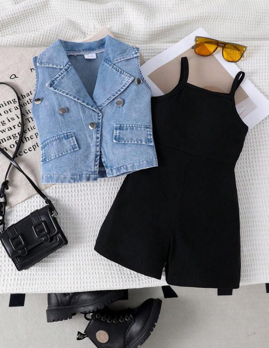 طقم بناتي قطعتين سالوبيت وڤيست جينز - Kenda Shop