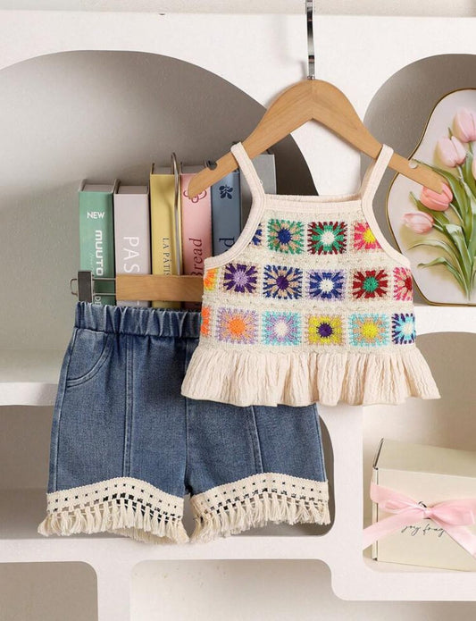 طقم قطعتين تيشرت مزهر + شورت جينز - Kenda Shop