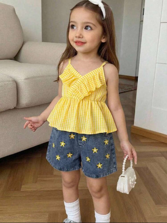 طقم قطعتين توب  + شورت جينز مزهر - Kenda Shop